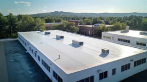Seamless white PVC commercial flat roof of factory, summer day. Aerial high view. Generative AI.