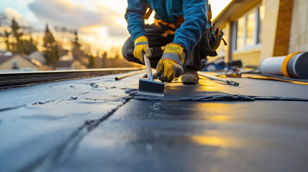 Roofer Applying Waterproof Sealant on Flat Roof at Sunset for Home Maintenance and Repair