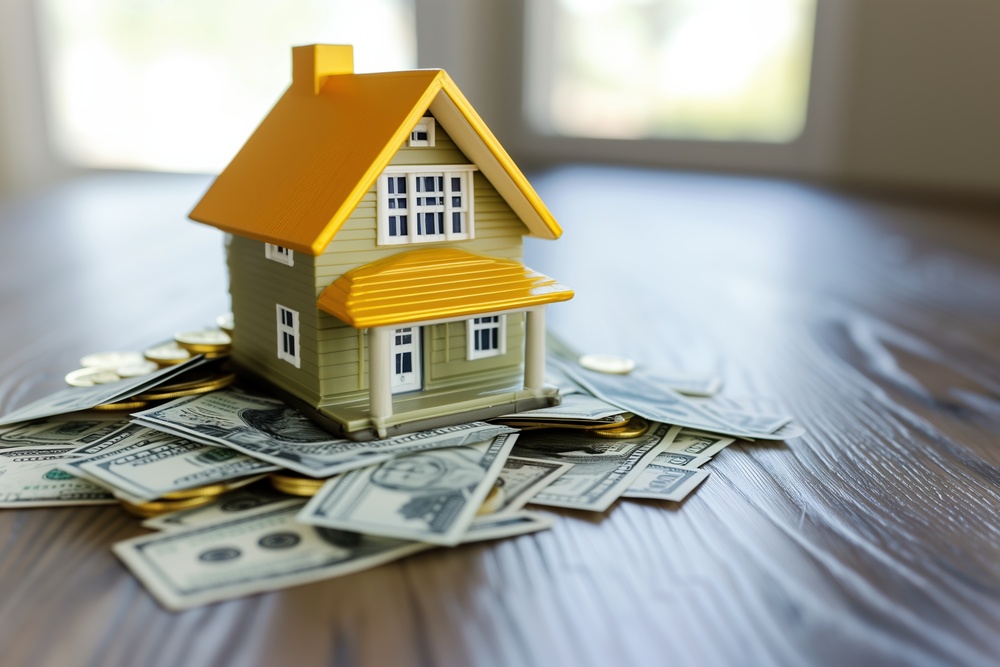 Model house with a yellow roof placed on dollar bills on a wooden table