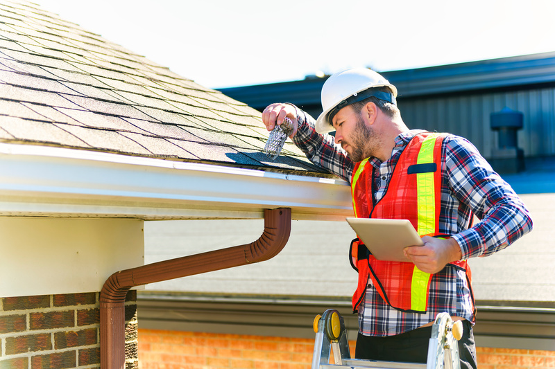 man with hard hat standing on steps inspecting house roof