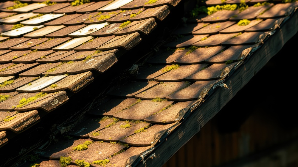 Close-up view of an aged shingled roof with moss growth, displaying natural texture and sunlight shadows