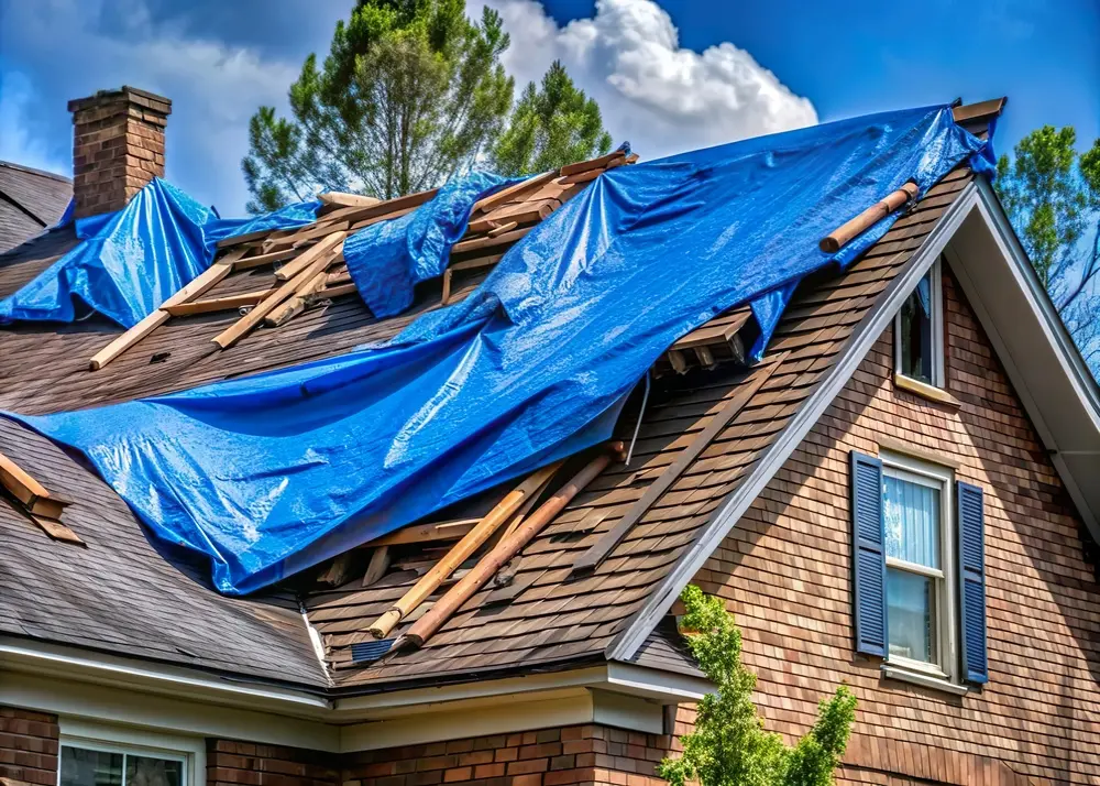 roof construction and repair scene with tarp sheet cover