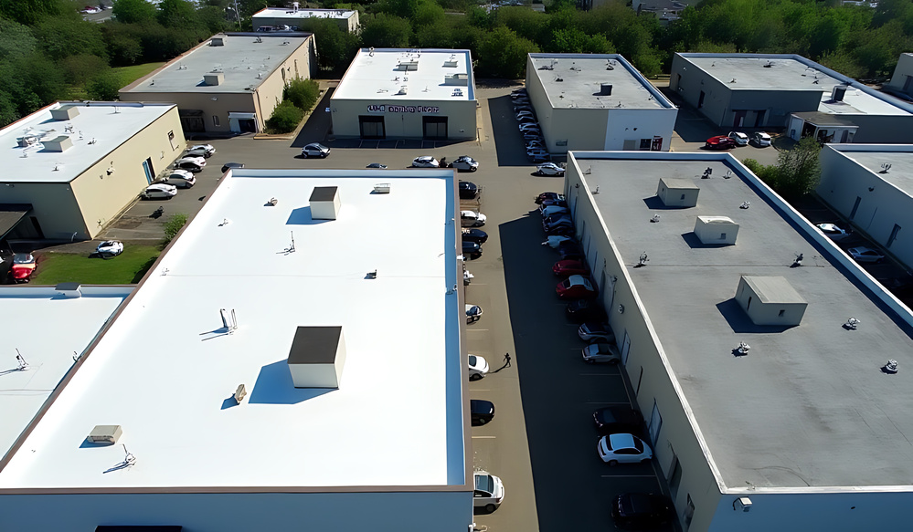 midday drone images show commercial roofs tpo asphalt shingles sunny conditions without people