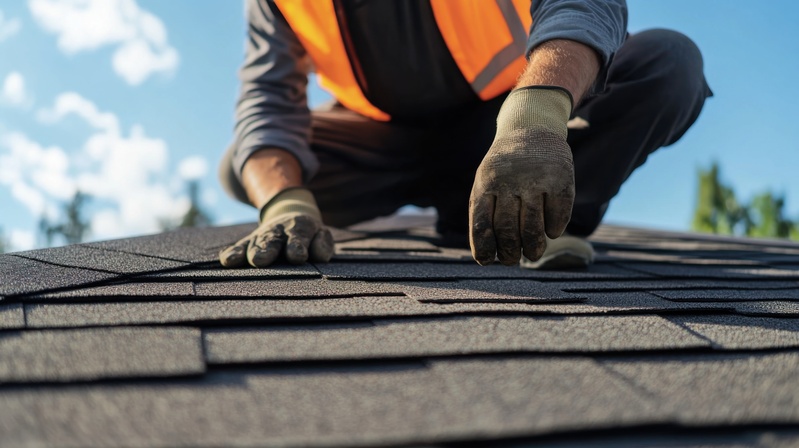 Roofing worker inspecting a roof for damage. Featuring care and thoroughness