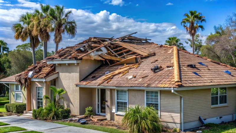Damaged house roof with missing shingles after hurricane Ian in Florida, damaged, house, roof, hurricane, Ian