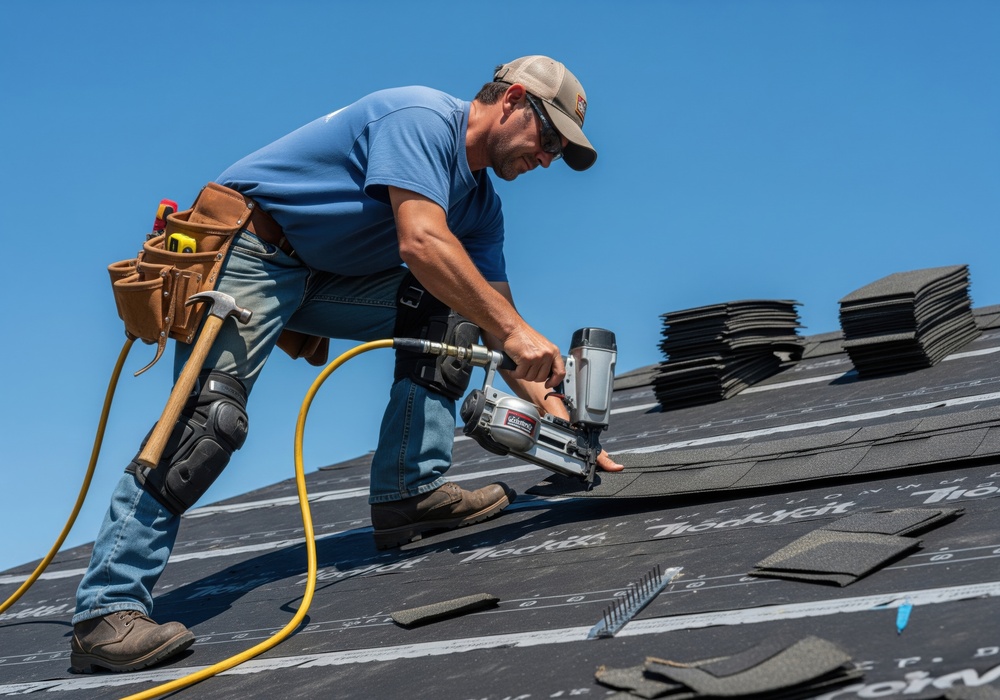 Roofer installing new shingles on a residential house roof with a nail gun construction and home improvement