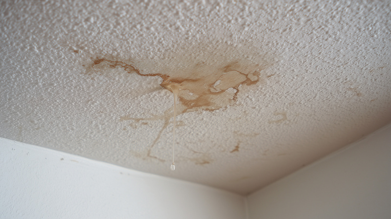 Water stains have formed on the ceiling with moisture dripping down in a home setting. The condition highlights potential plumbing or roof issues needing urgent attention