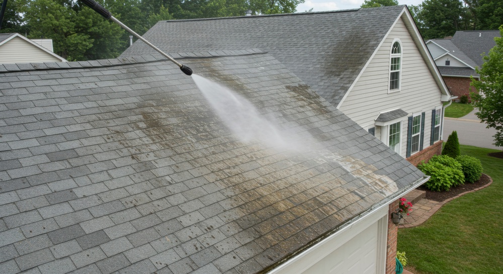 Residential house roof being power washed