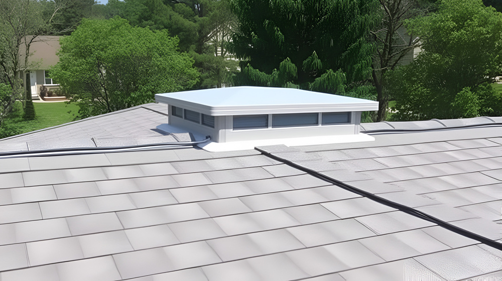 Ridge cap vent installed on a shingle roof for passive attic ventilation on a residential house.